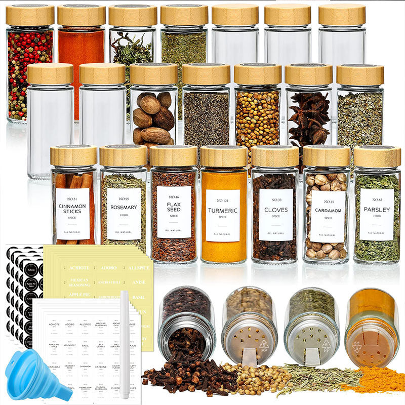 Complete Spice Organizer Kit - Glass Jars with Dual Shaker Lids